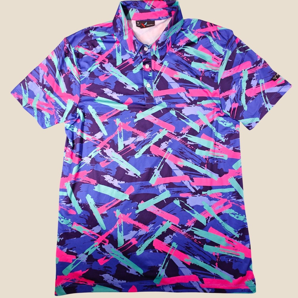 Yatta Golf Mens Medium Polo‎ Shirt Abstract Brushstroke Purple Pink Teal 0184